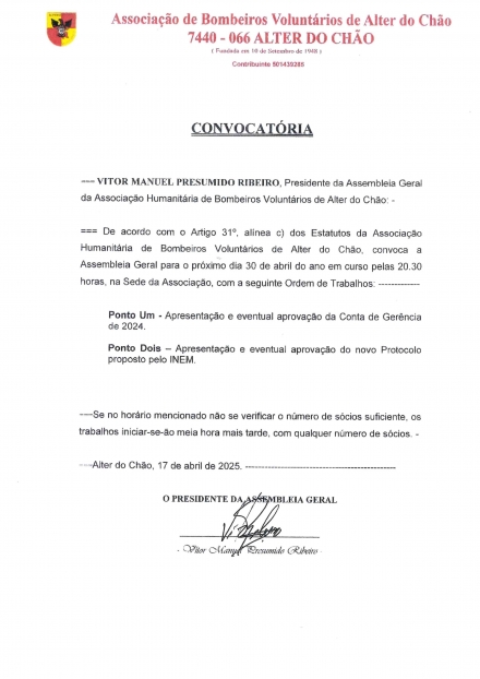 Assembleia Geral da Associação - 30 abril 2025 - Bombeiros de Alter do Chão