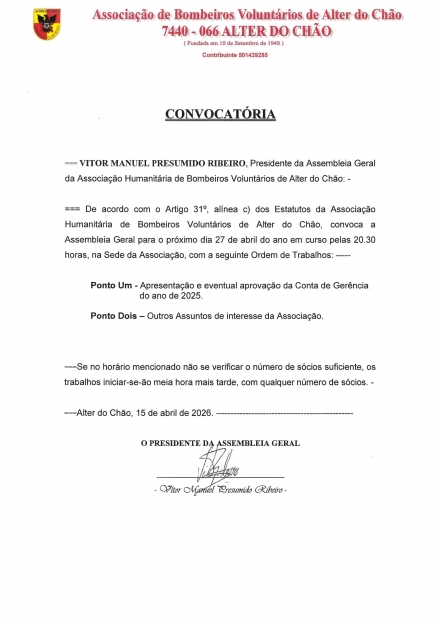 Assembleia Geral 27 de abril de 2026 - Bombeiros de Alter do Chão
