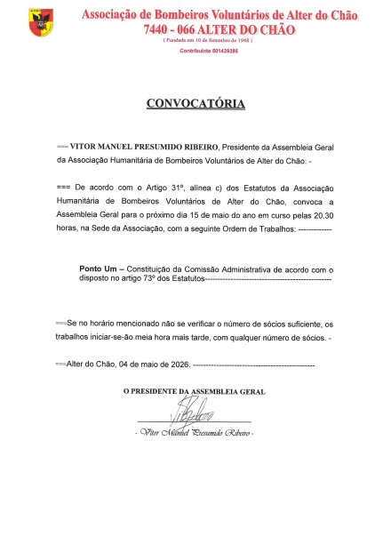 Assembleia Geral 15 de maio de 2026 - Bombeiros de Alter do Chão