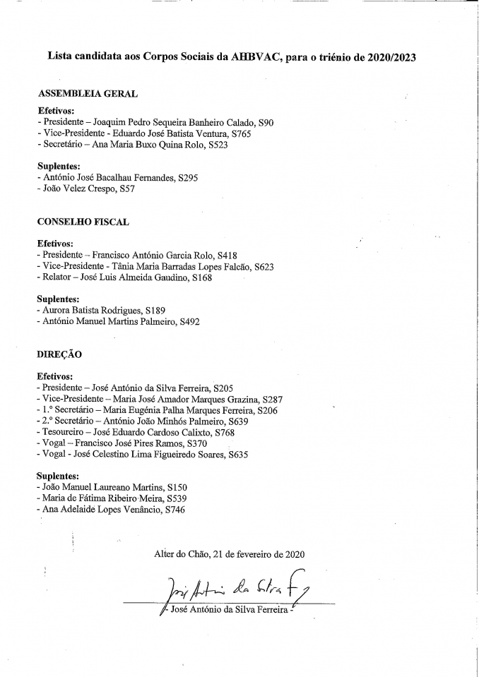 Lista Candidata aos Orgãos Sociais da A. H. B. V. A. C. - Triénio 2020/2023 - Bombeiros de Alter do Chão